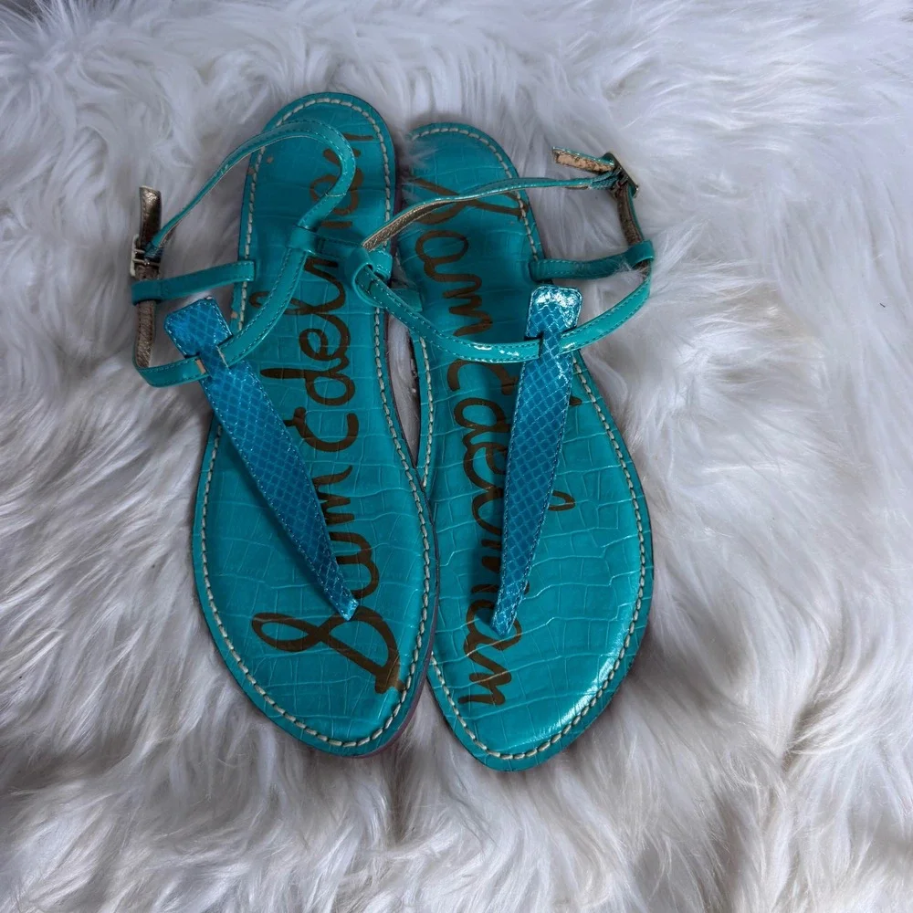 Sam Edelman Gigi Turquoise Blue Croc Snake Embossed Thong Sandal 8.5M A4940SH300